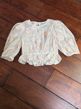 Future Collective Floral Ruffle Peplum Floral Sheer Top - Light Cream & Peach